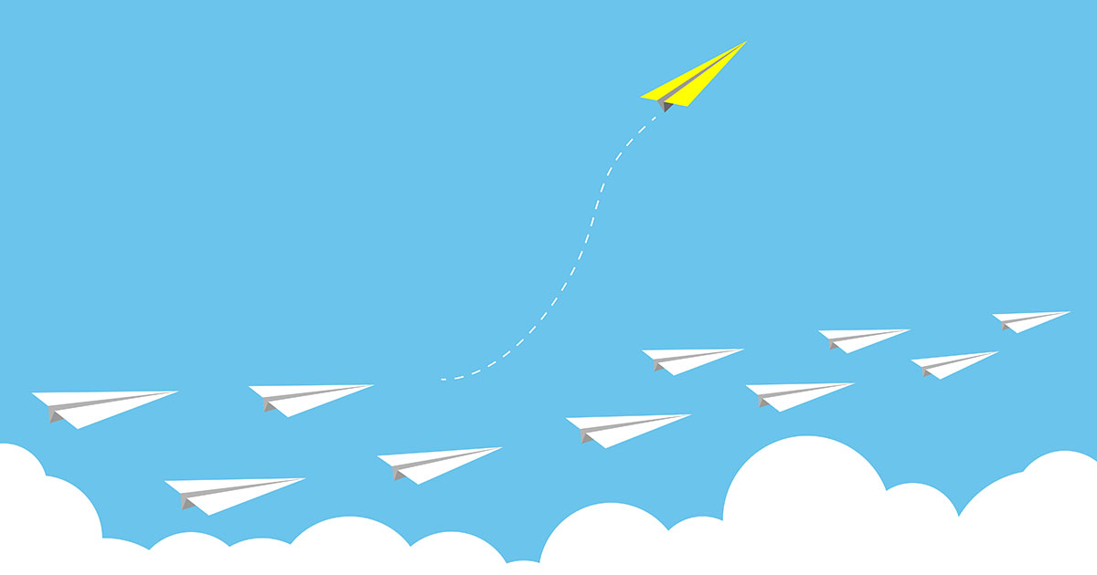 Graphic of paper airplanes above clouds